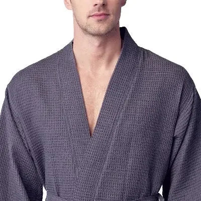 Men's waffle spa bathrobe, charcoal, V-neck with belt tie
