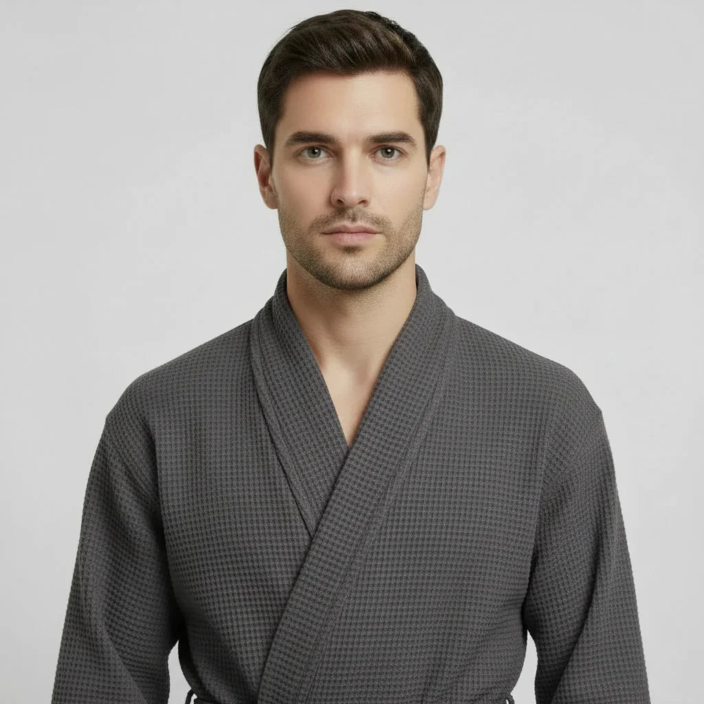 Men's waffle bathrobe in charcoal grey with shawl collar and belt, front