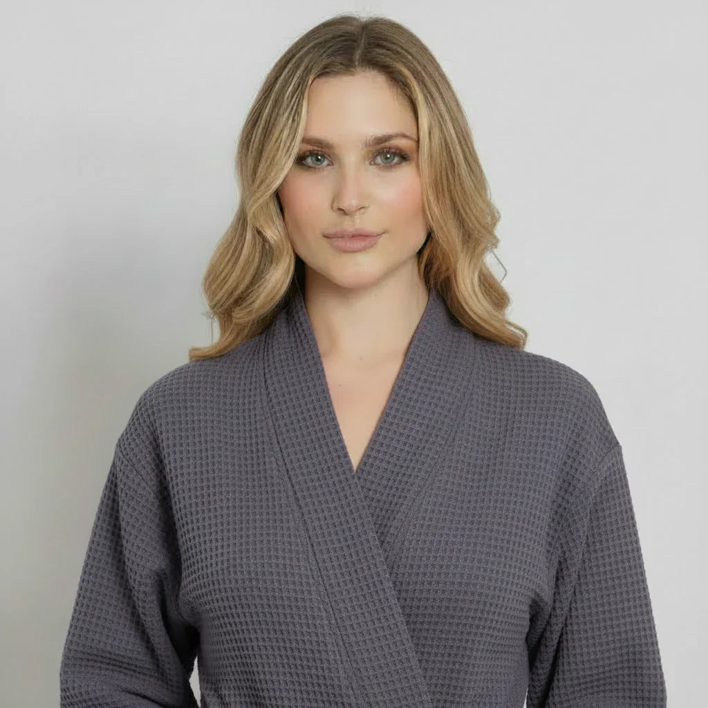 Women’s waffle robe close-up, dark gray V-neck with long sleeves and belt tie