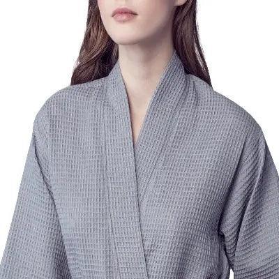 Women’s waffle robe in gray, V-neck wrap collar with textured waffle fabric.