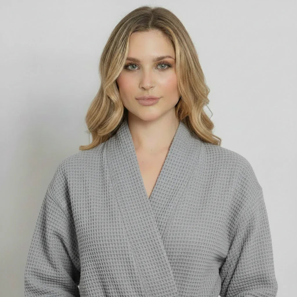 Women’s waffle robe close-up, light gray V-neck with long sleeves and belt tie
