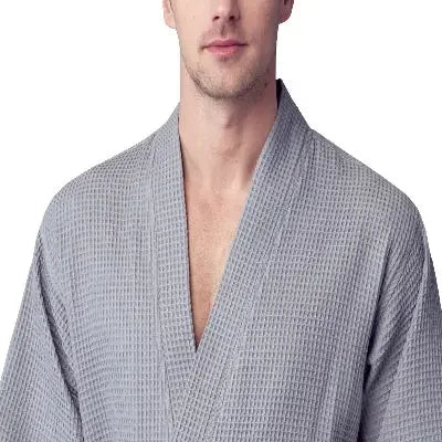 Men's waffle spa bathrobe, light grey, V-neck with belt tie