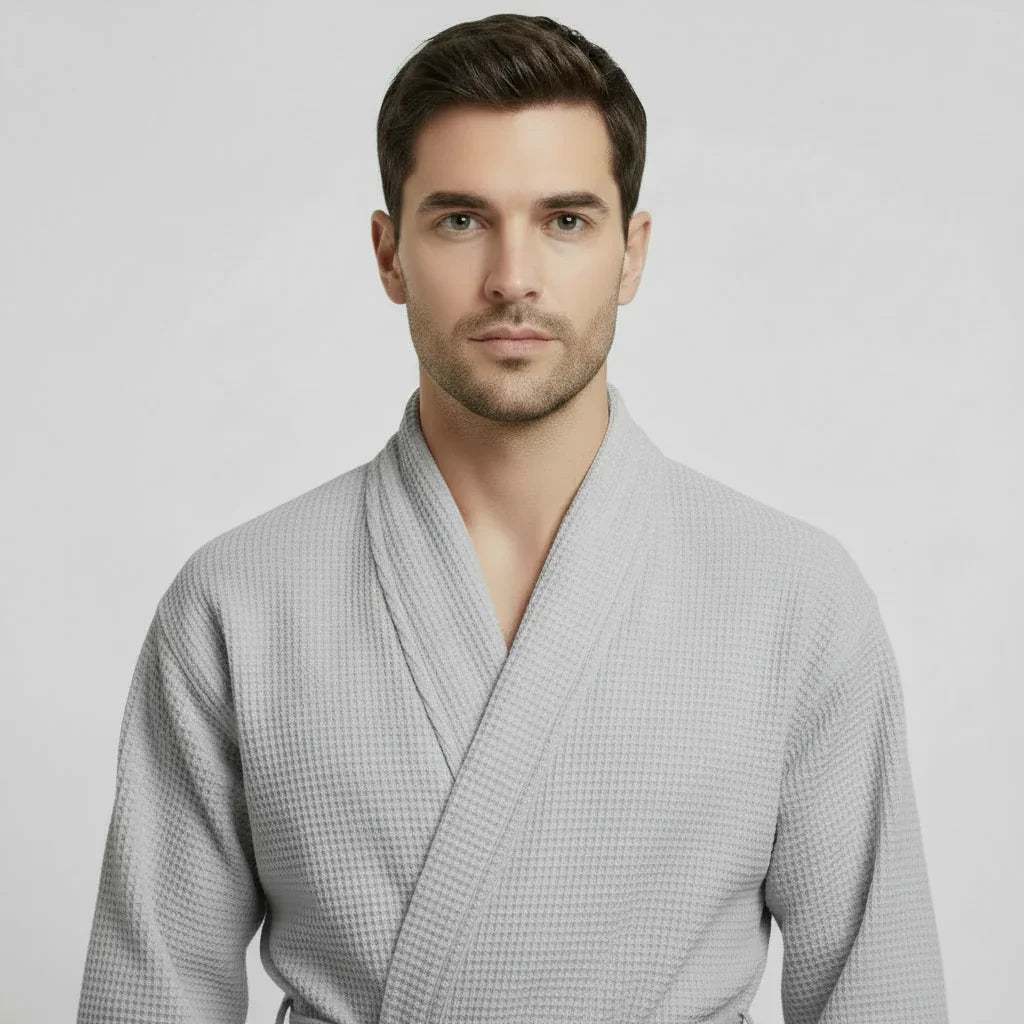 Men's waffle bathrobe in light grey with shawl collar and belt, front view