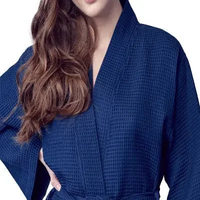 Navy waffle robe with deep V neckline, belted waist, and long sleeves