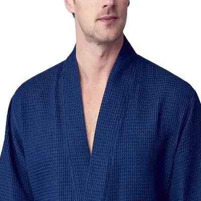 Men's waffle spa bathrobe, navy, V-neck with belt tie