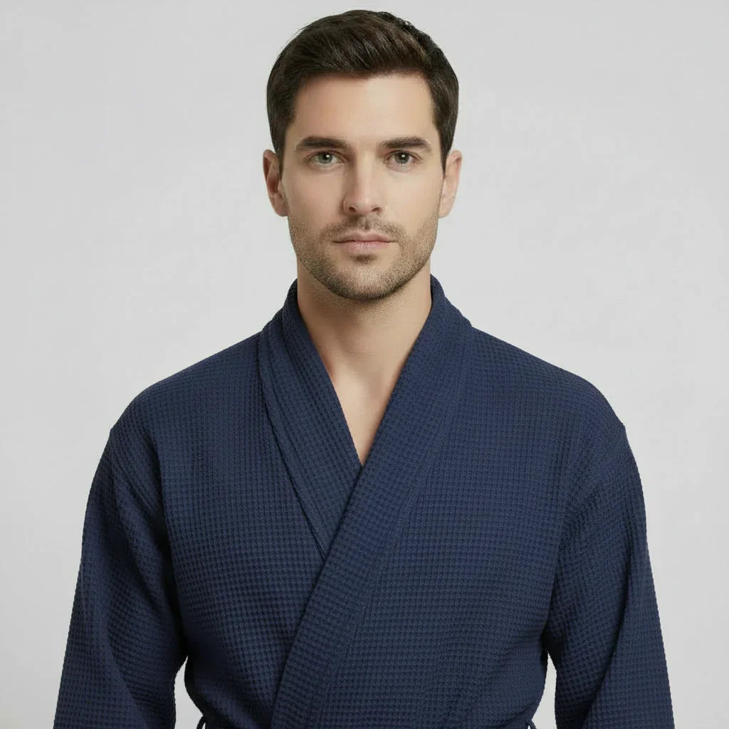 Men's waffle bathrobe in navy with shawl collar and belt, front view