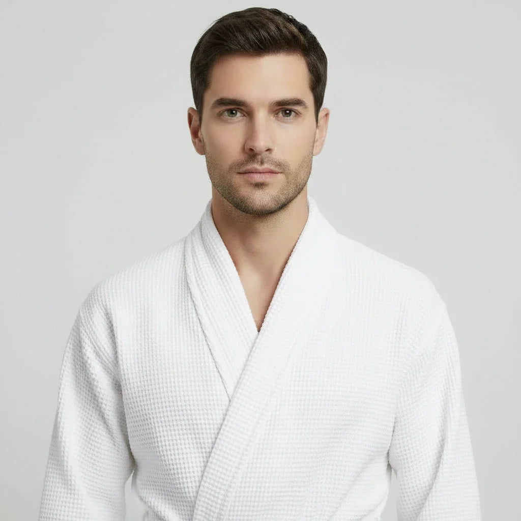 Men's waffle bathrobe in white with shawl collar and belt, front view