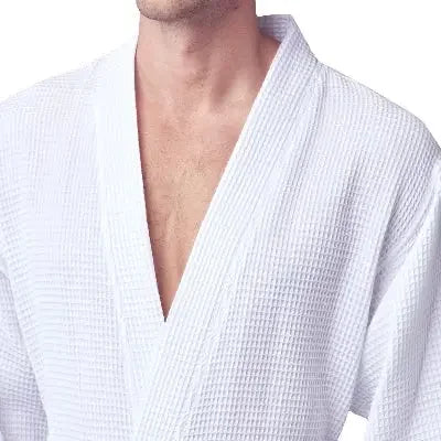 Men's waffle spa bathrobe, white, V-neck with belt tie