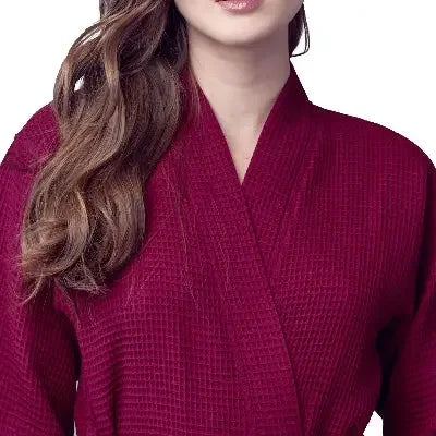 Wine red waffle robe close-up: deep V neckline and textured waffle fabric
