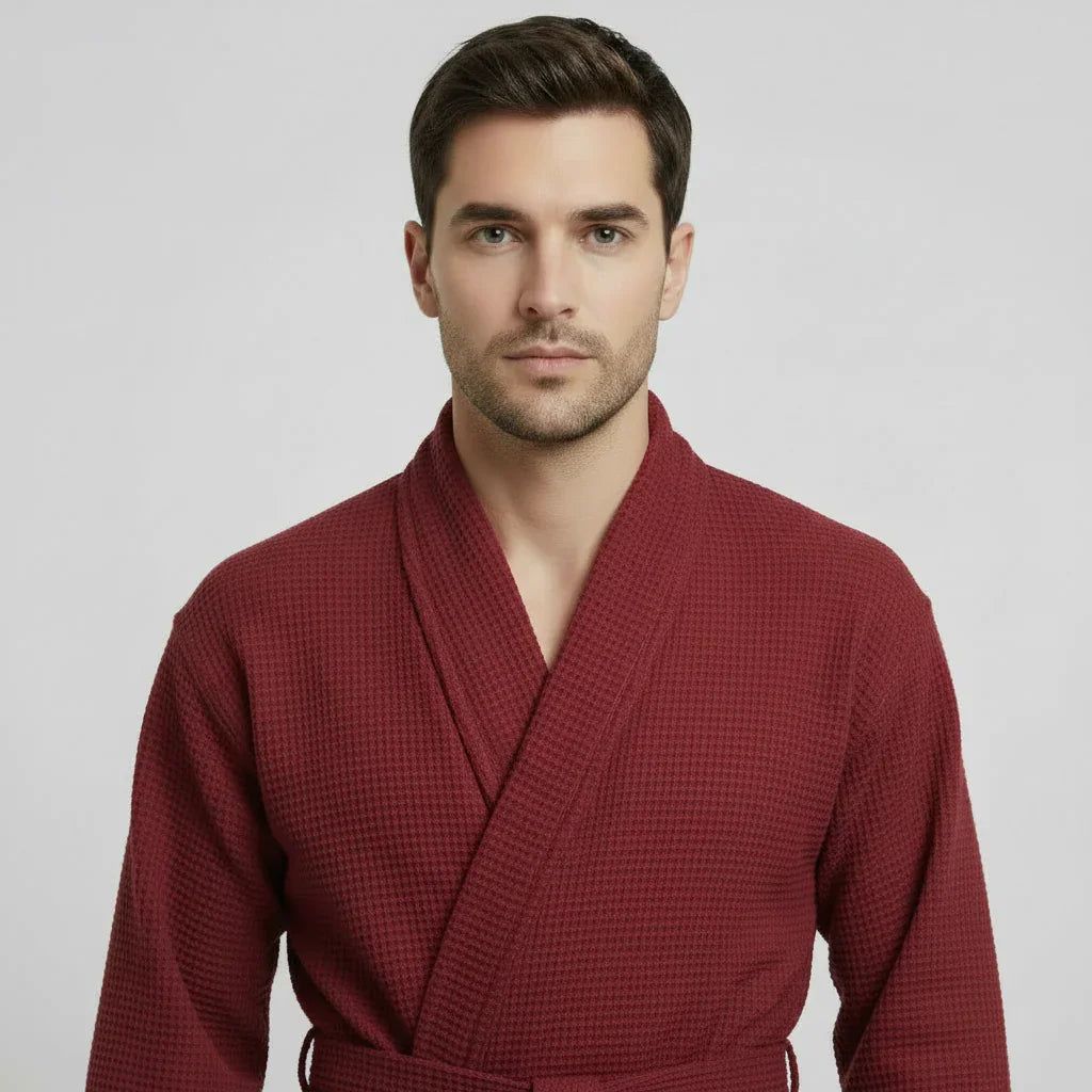 Men's waffle bathrobe in wine red with shawl collar and belt, front view