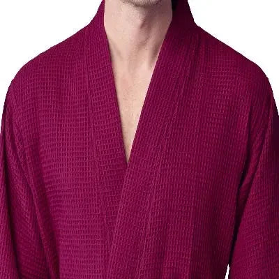 Men's waffle spa bathrobe, wine red, V-neck with belt tie
