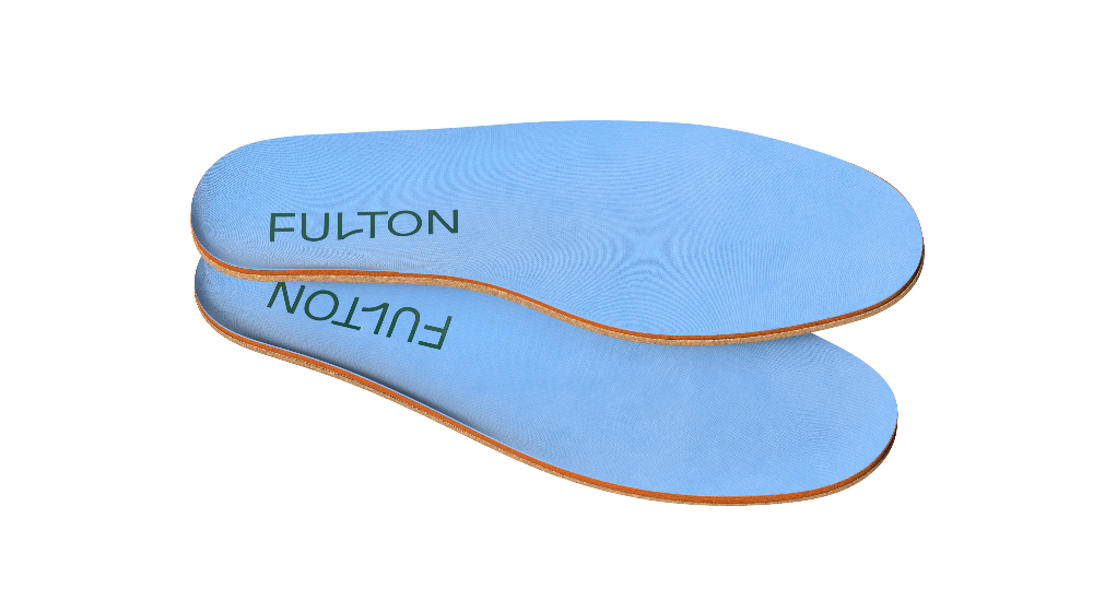Blue athletic insole with brown edge and FULTON logo, cushioned top surface.