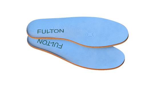 Blue athletic insole with brown edge and FULTON logo, cushioned top surface.