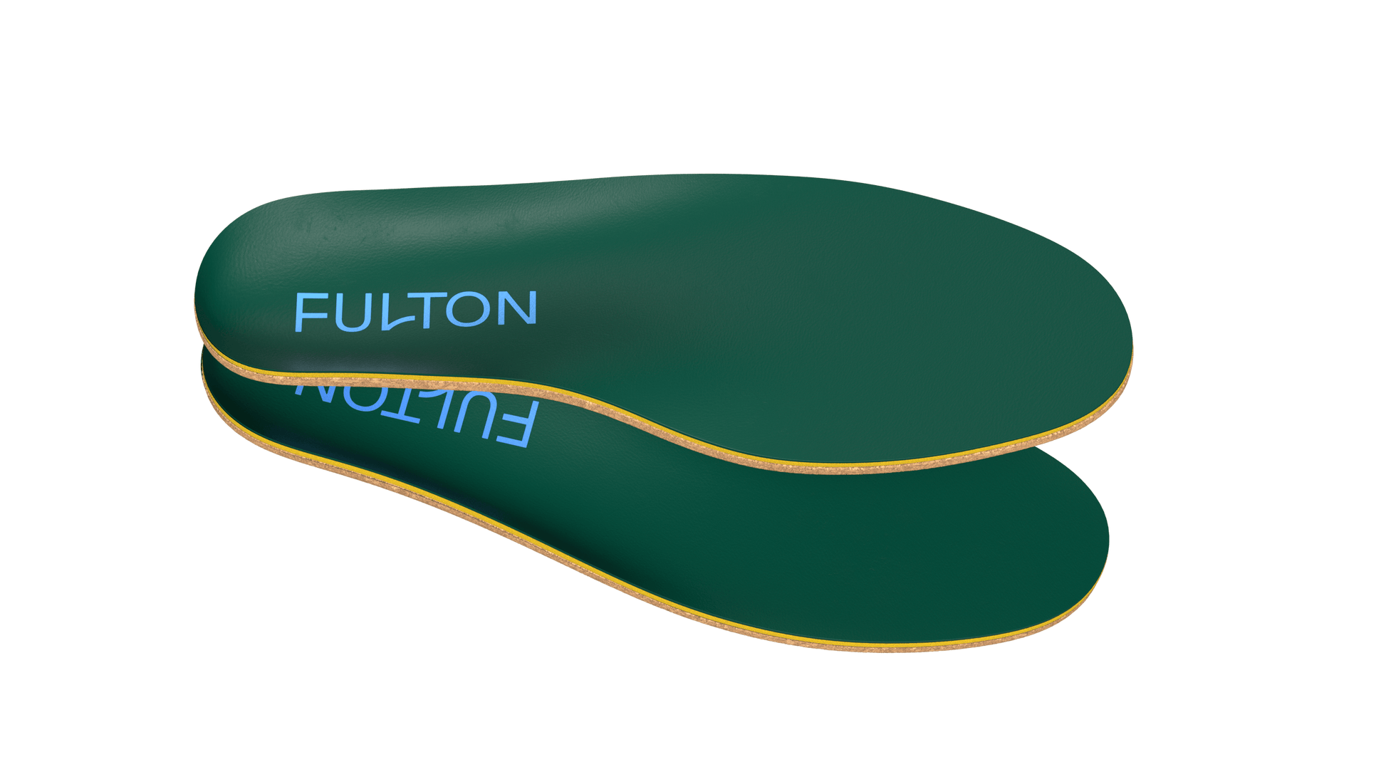 Dark green insole with gold-trim edge and molded arch support, side view.
