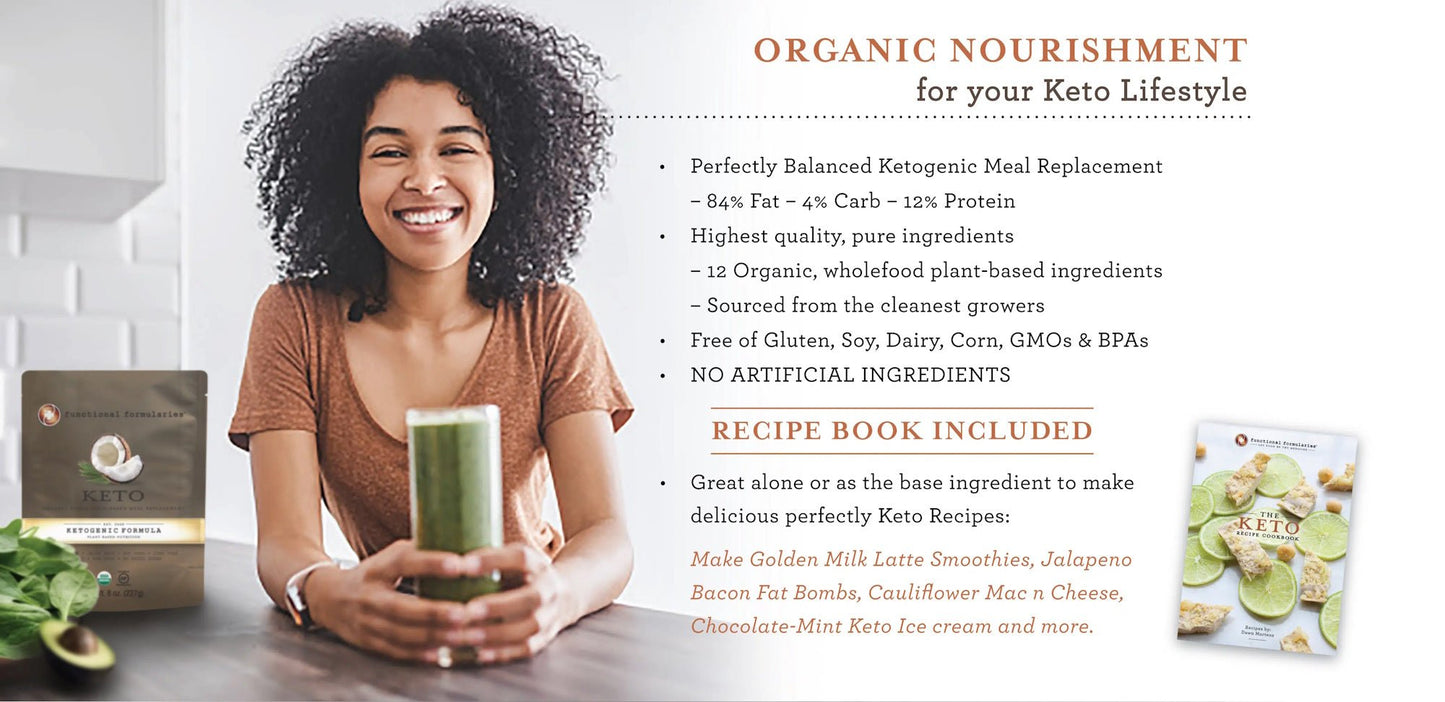Woman holding ketogenic formula pouch with “Organic Nourishment” text and recipe book