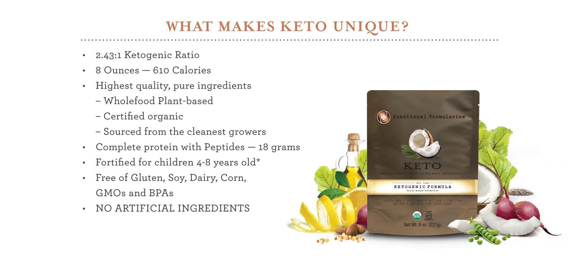 Keto unique benefits infographic with ketogenic formula pouch and surrounding produce
