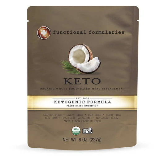 Keto ketogenic formula pouch, brown package with coconut image and Keto label