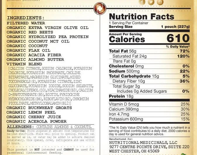 Nutrition Facts close-up for ketogenic formula, with calories, macros, and ingredients