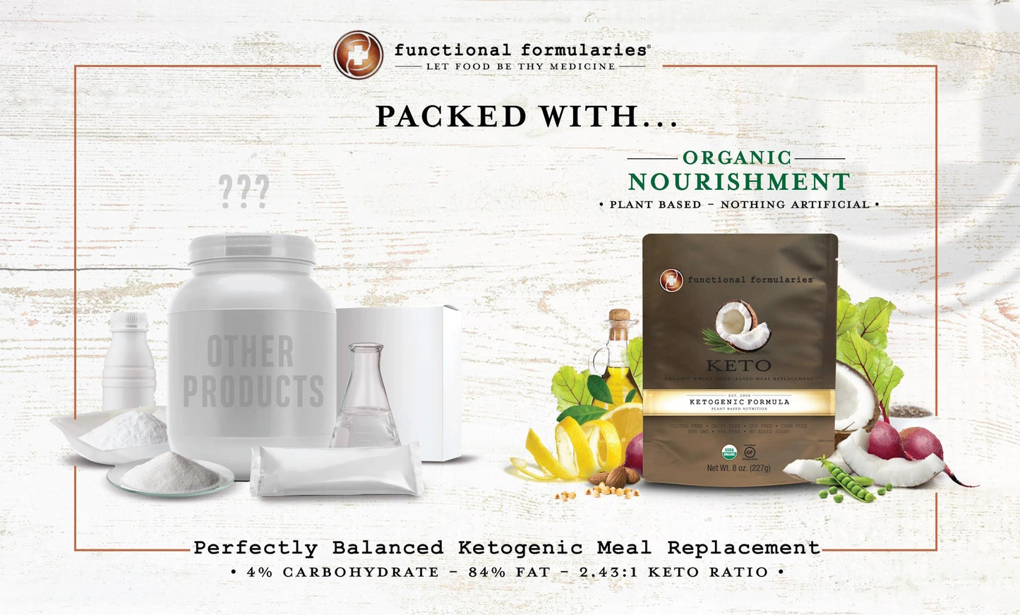 Keto ketogenic formula pouch shown with “Packed with” benefits panel and ingredients