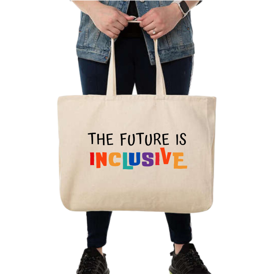 Cream canvas tote bag with “THE FUTURE IS INCLUSIVE” printed in multicolor