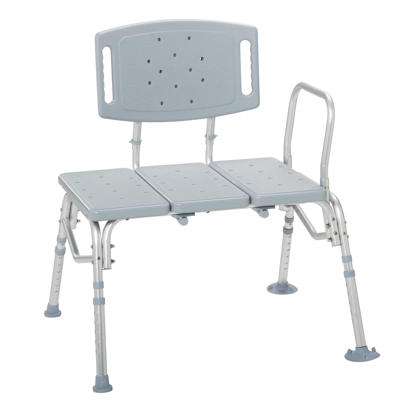 Gray bariatric plastic seat transfer bench with backrest and adjustable height legs.