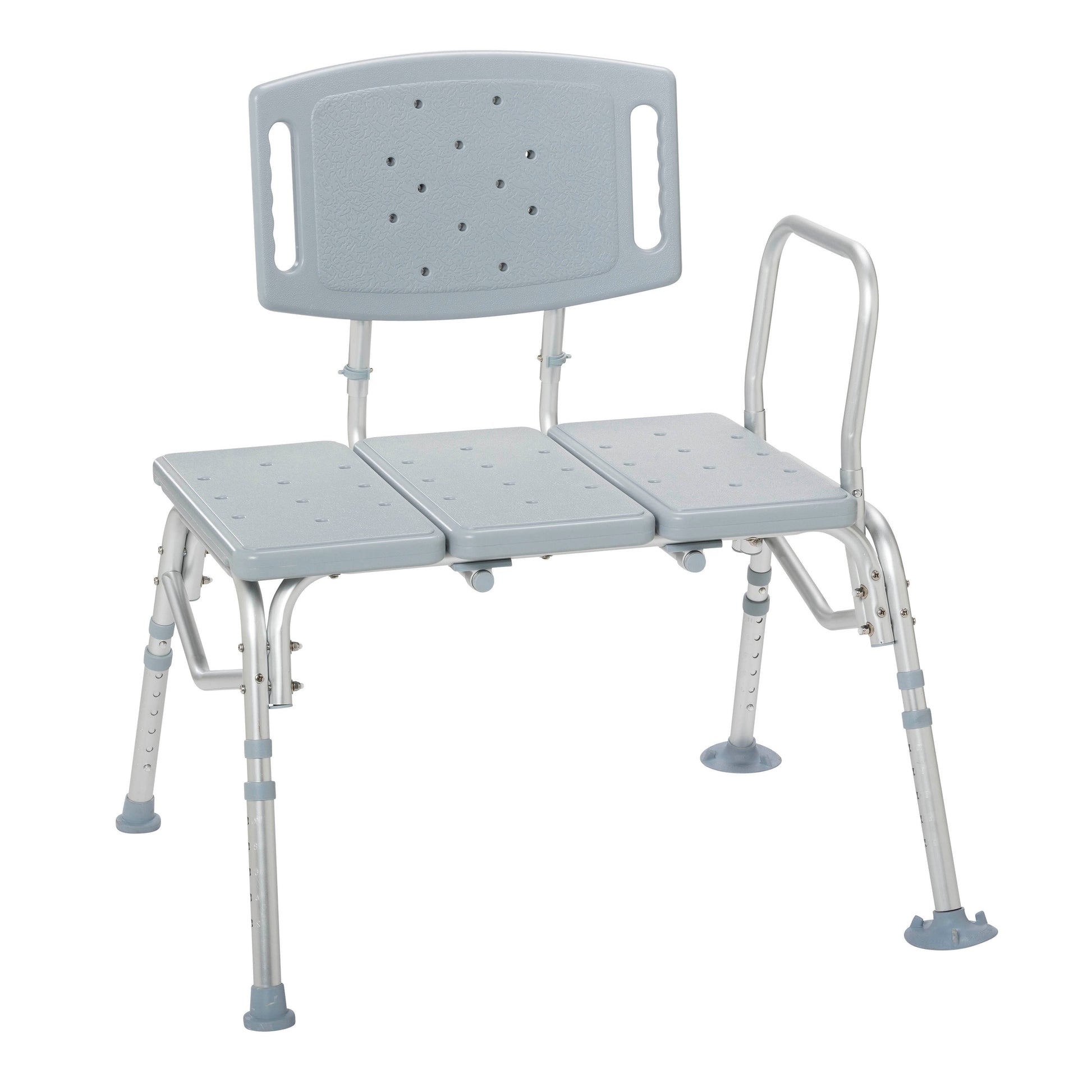 Gray bariatric plastic seat transfer bench with backrest and adjustable height legs.