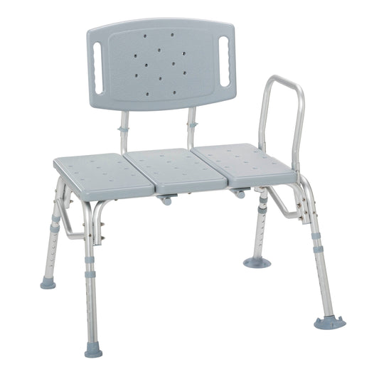 Gray bariatric plastic seat transfer bench with backrest and adjustable height legs.