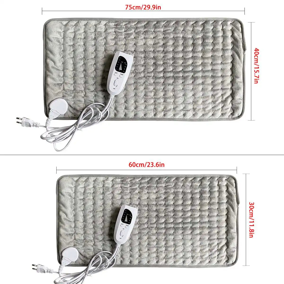 Two sizes of gray electric heating pad shown with controller and power cord