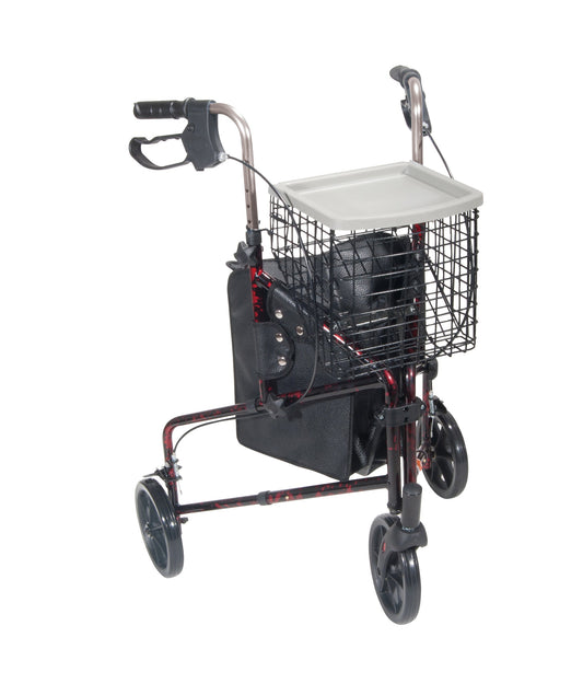 3-wheel rollator walker with front basket, tray, and side pouch; red-accent frame