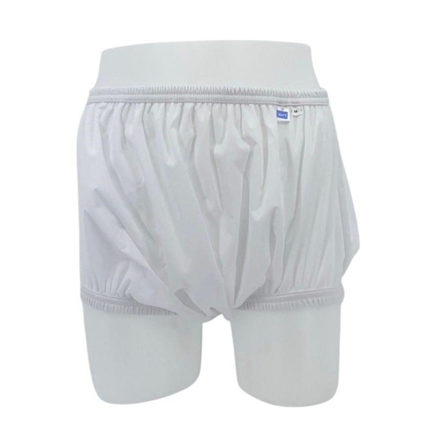 White pull-on incontinence pants with elastic waistband and leg openings