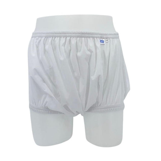White pull-on incontinence pants with elastic waistband and leg openings