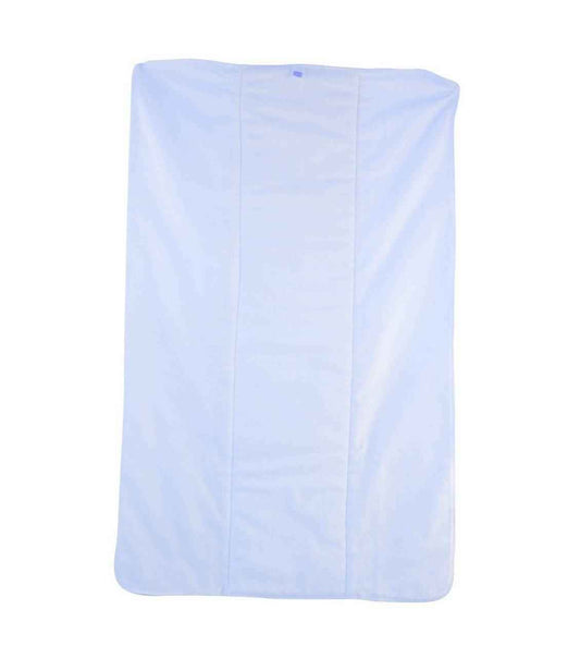 Light blue flat prefolded adult cloth diaper, rectangular with central and side seams