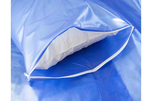 Sapphire blue vinyl pillow cover with zipper and inner flap detail