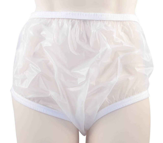 White pull-on plastic pants with elastic waist and enclosed design