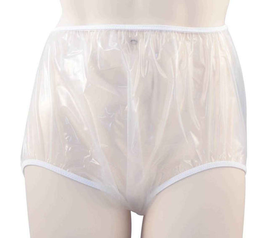White pull-on urethane pants with elastic waistband and full-coverage brief legs