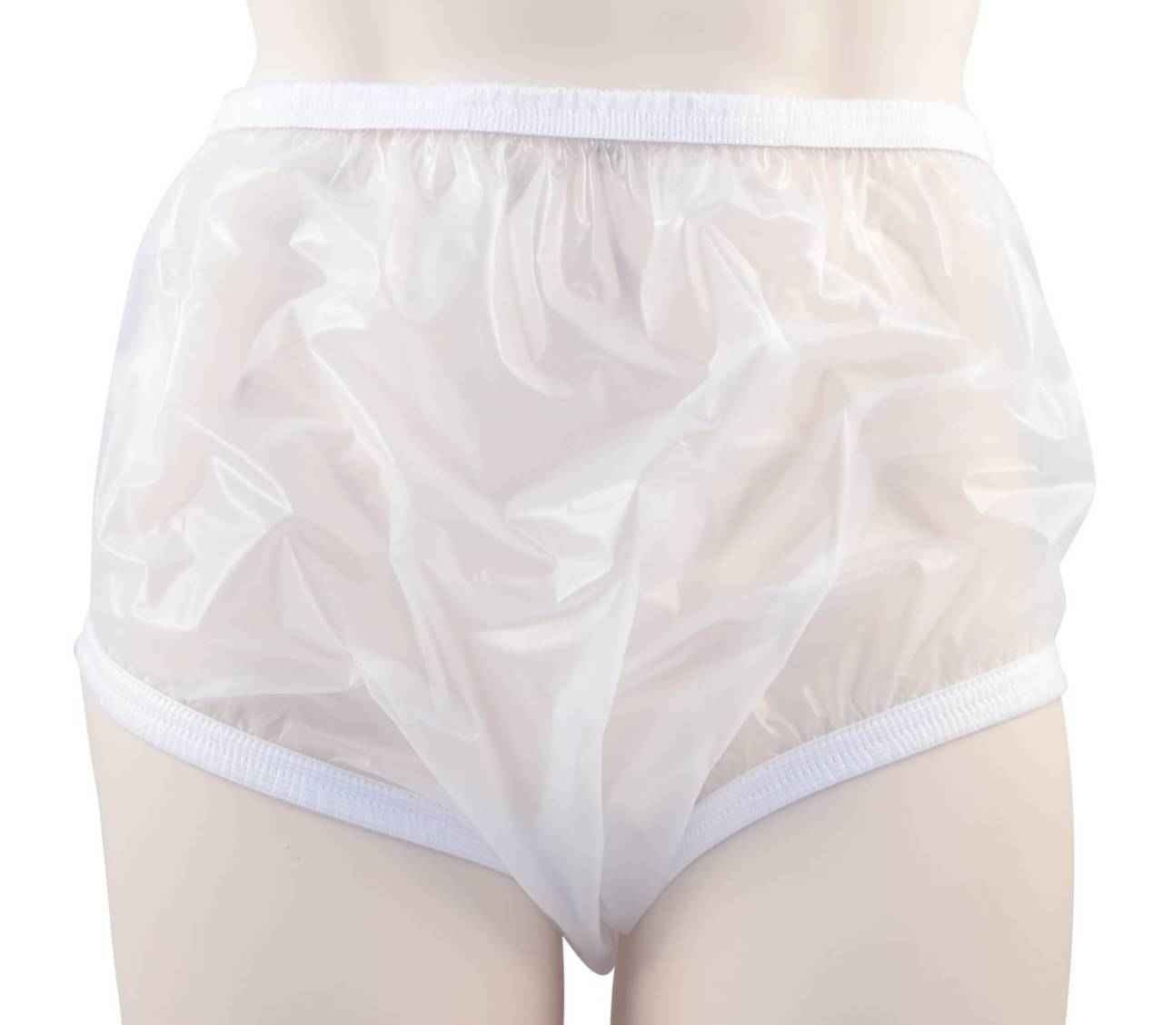 White pull-on plastic pants with elastic waist, high back and enclosed design