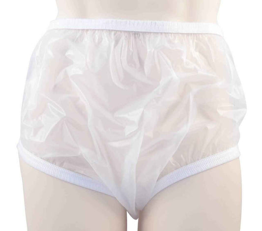 White pull-on plastic pants with elastic waist, high back and enclosed design