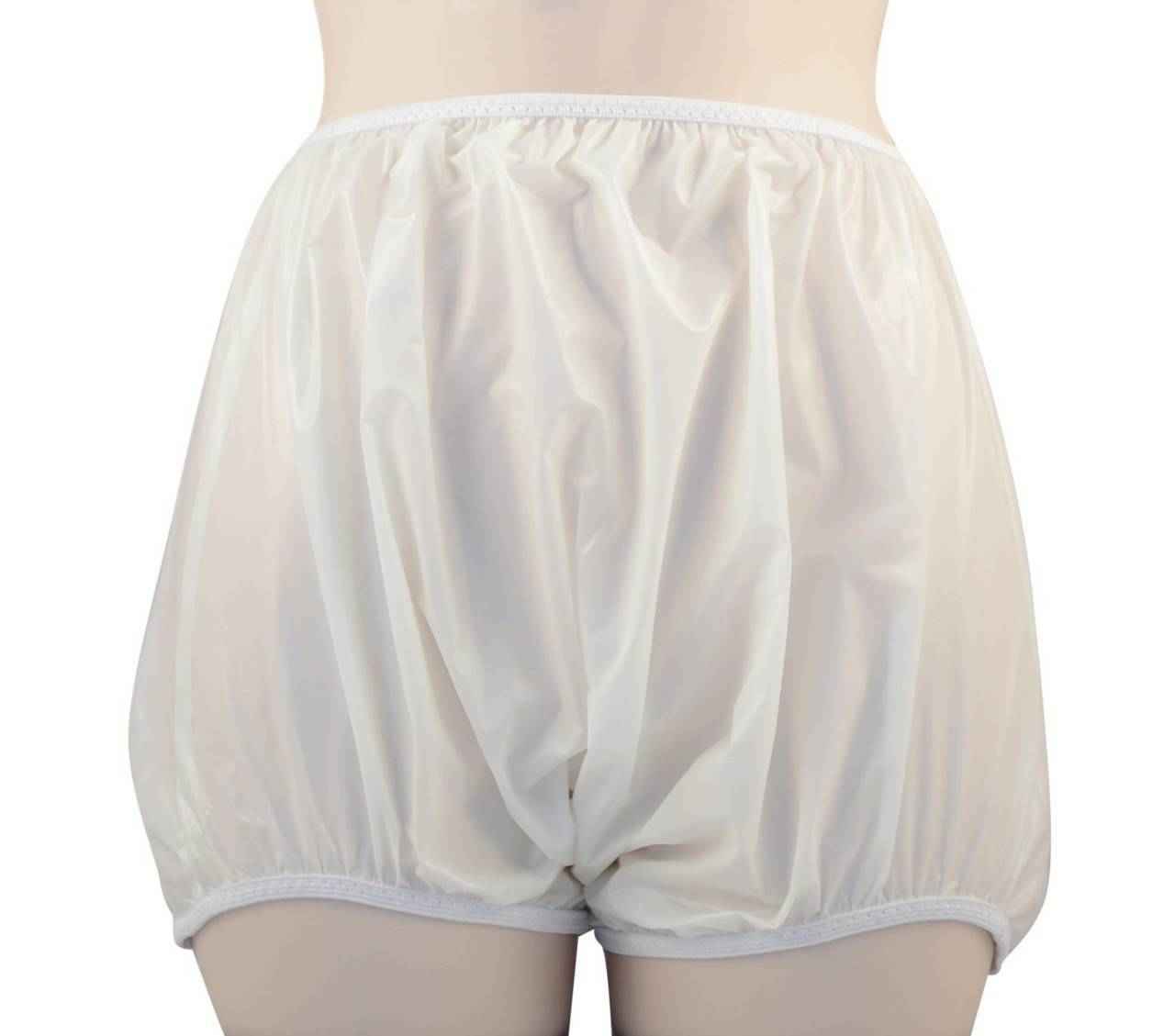 White pull-on plastic pants with elastic waistband and high-back long-waist design