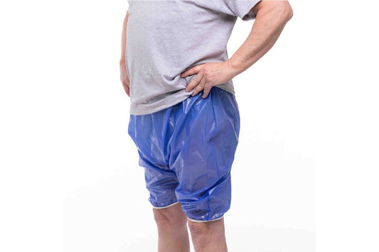 Sapphire blue plastic pull-on bloomer with elastic waistband and relaxed leg fit