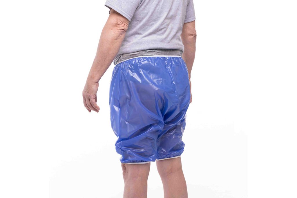 Sapphire blue plastic bloomer shorts, elastic waist and roomy, gathered leg panels
