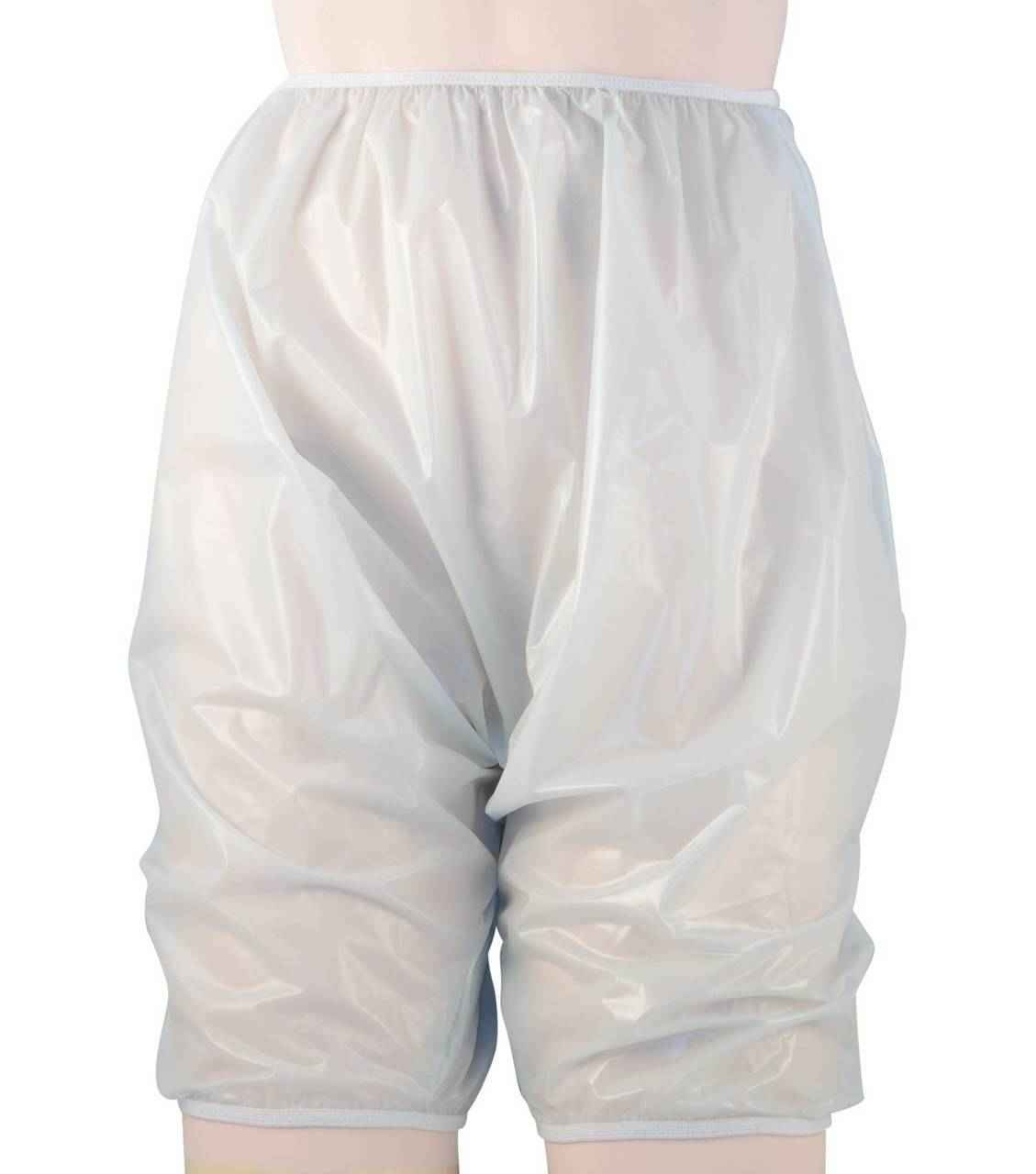 Plastic pull-on bloomer in milky white, elastic waistband and full-length legs