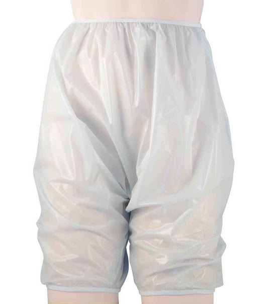 Plastic pull-on bloomer in milky white, elastic waistband and full-length legs