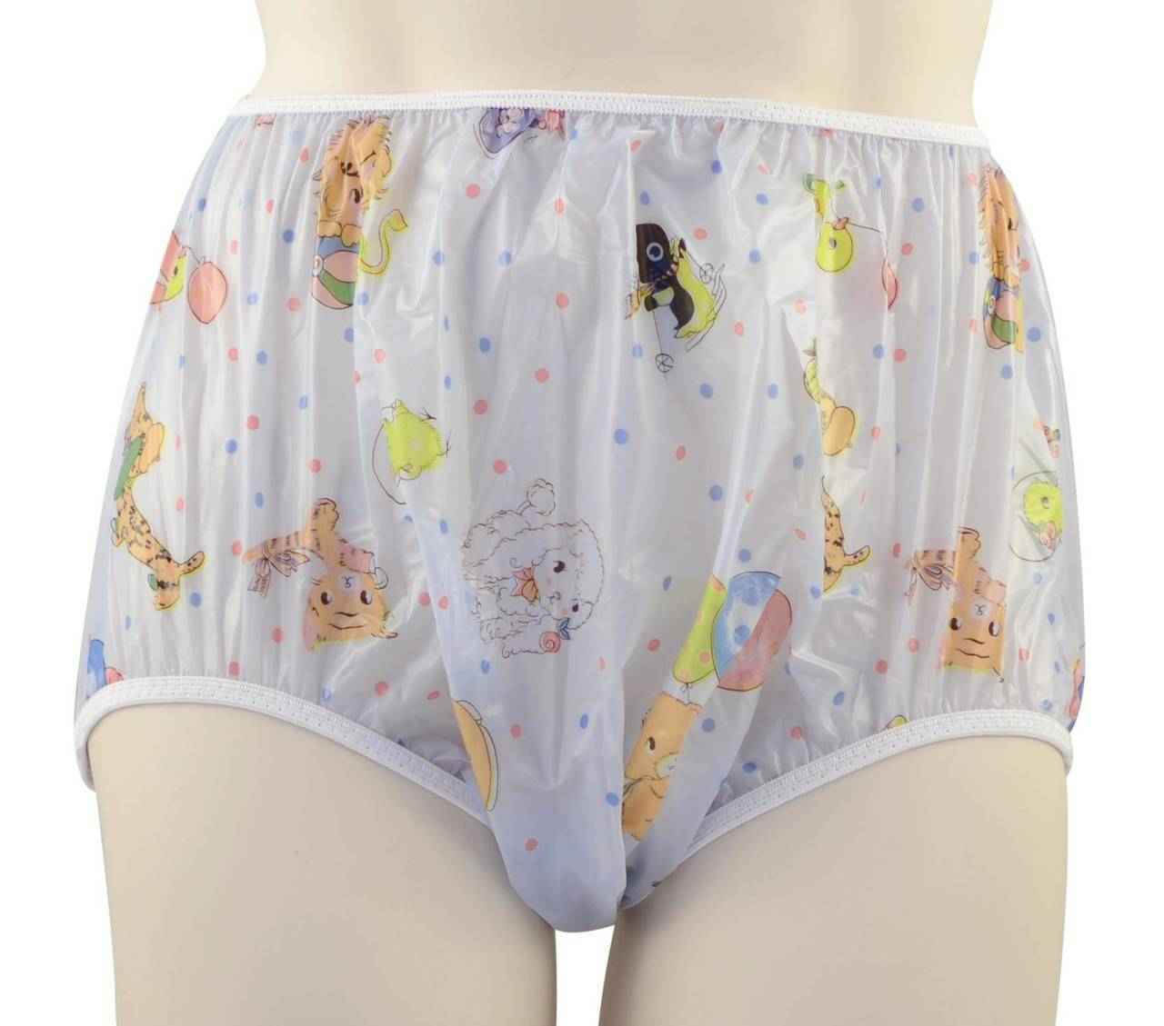 White pull-on plastic pants with colorful cartoon animal print and elastic waist