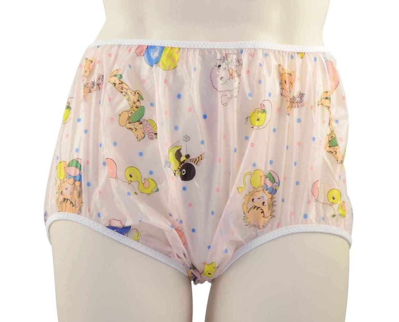 Light pink pull-on plastic pants with colorful cartoon animal print and elastic waist
