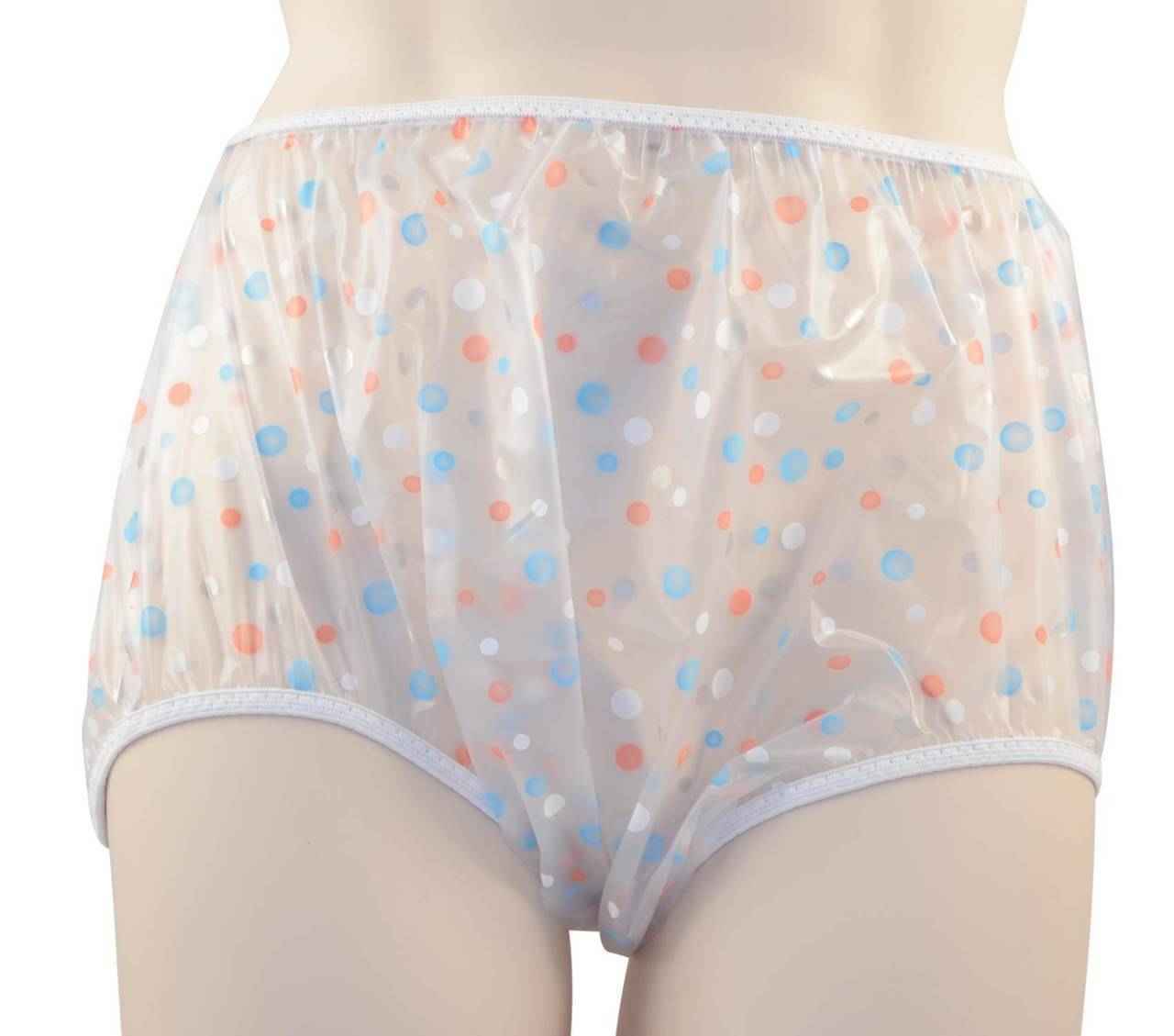 Light pull-on plastic pants with multicolor dot pattern and elastic waistband
