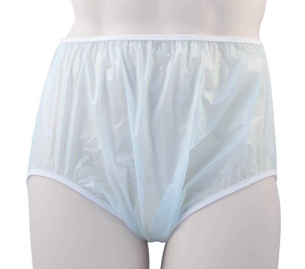 Light blue pull-on plastic pants with elastic waistband and stitched leg cuffs