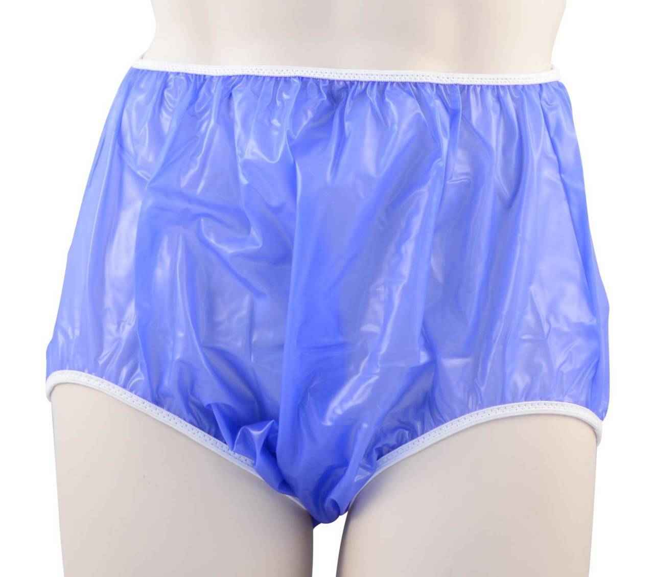 Blue pull-on plastic pants with elastic waistband and elastic leg openings