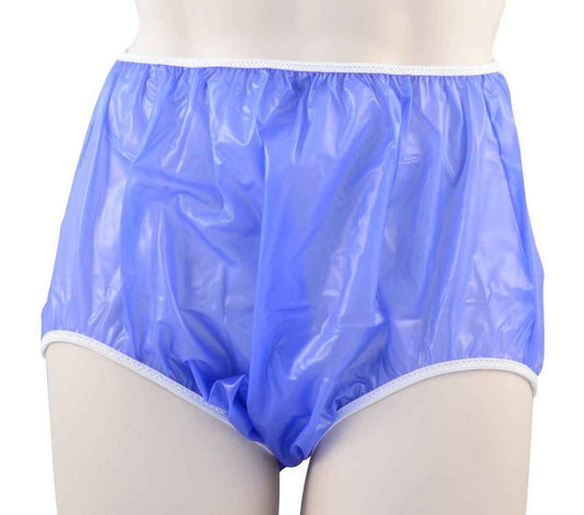 Blue pull-on plastic pants with elastic waistband and elastic leg openings