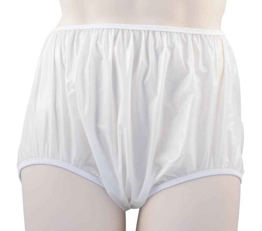 White pull-on plastic pants with elastic waistband and leg openings