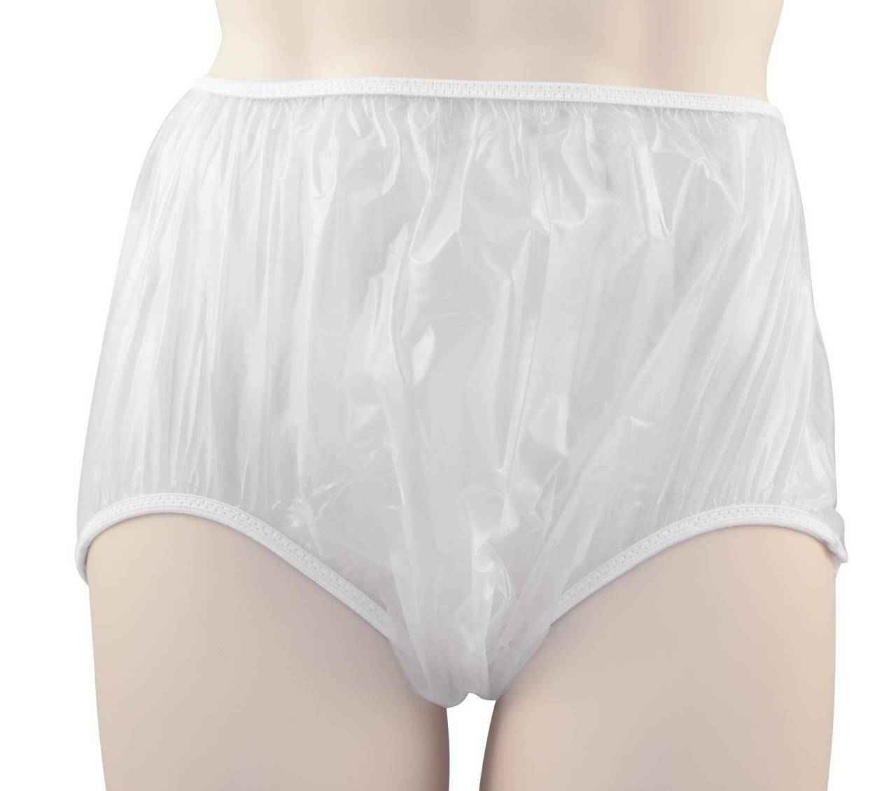 Milky white pull-on plastic pants with elastic waistband and wide leg openings